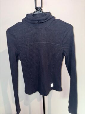 Free People Black Ribbed Long Sleeve Mock Neck Tee